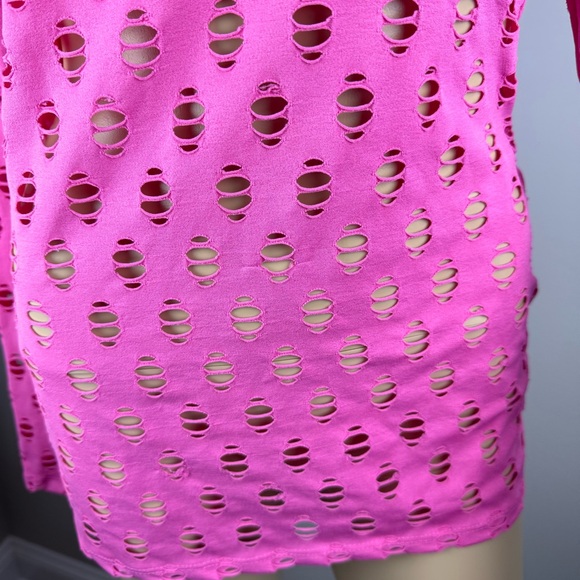 POSH by V Perforated High-Neck Pink Long Sleeve‎ Stretch-jersey Top - Picture 3 of 13